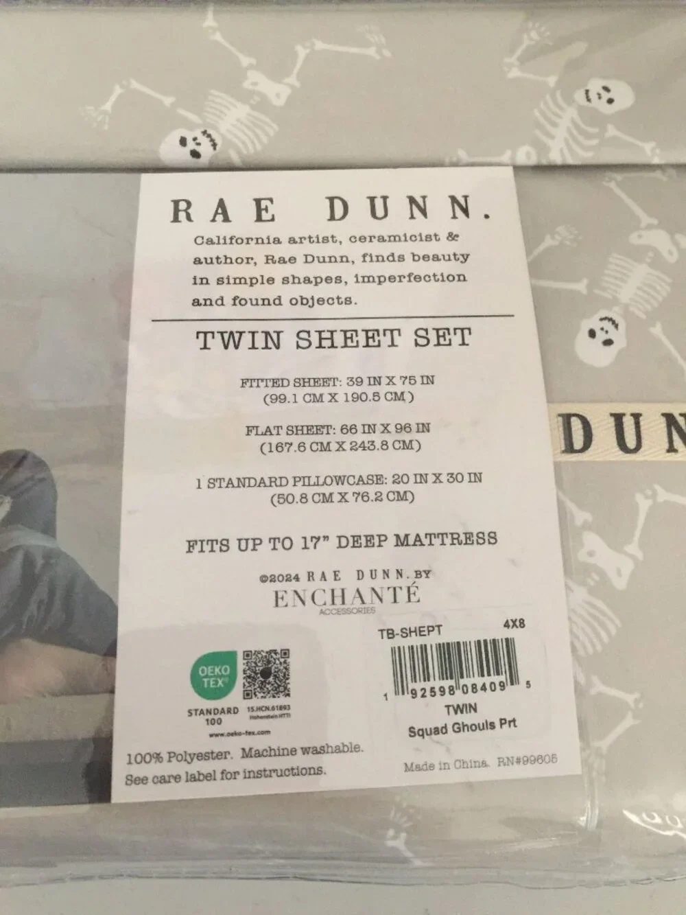 Rae Dunn Dancing Skeletons Gray White Twin Sheet Set Deep Mattress